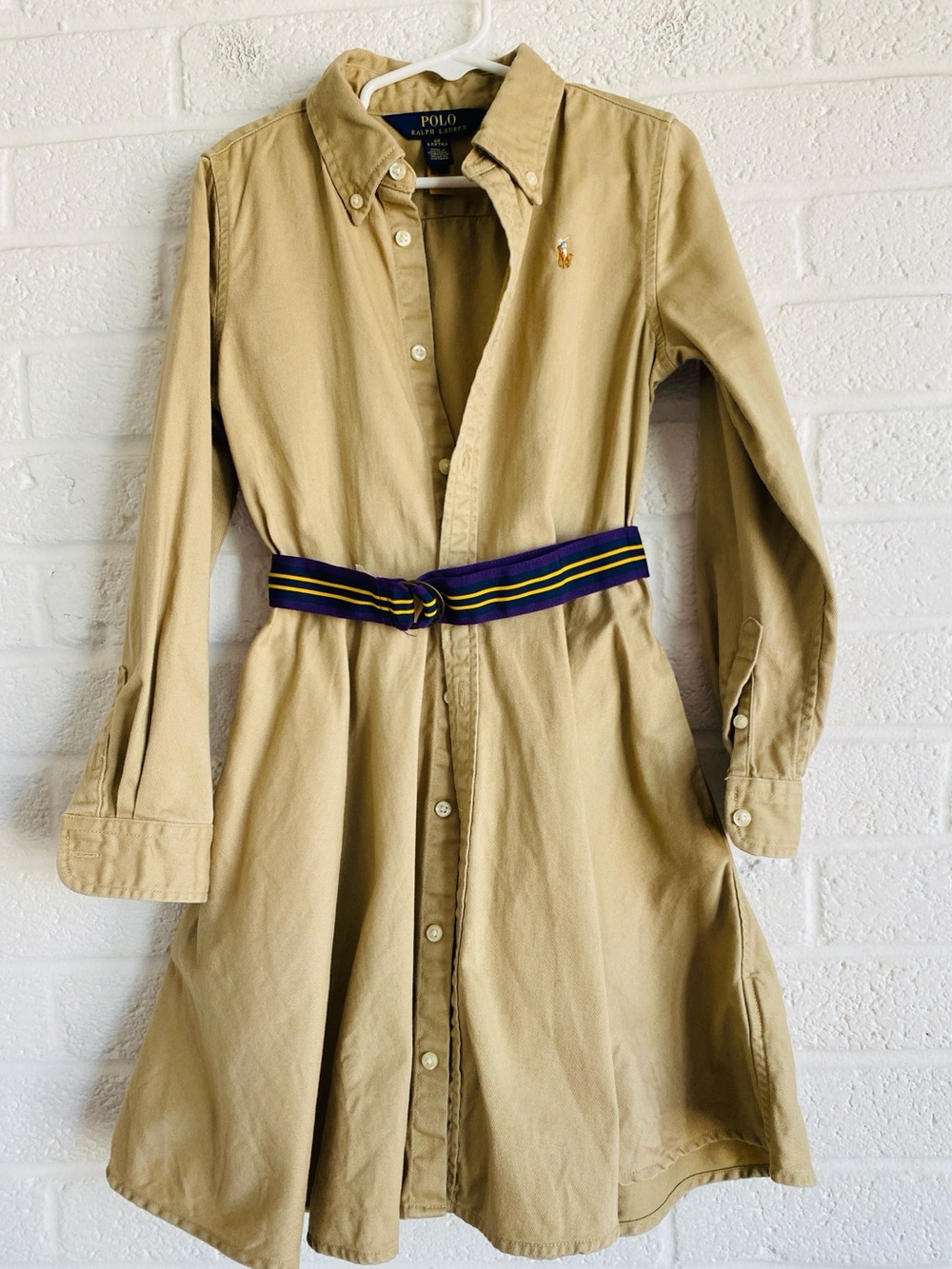 Polo Ralph Lauren Khaki Tan Button-Front Shirt Dress Striped Belt Cotton 6X Girl